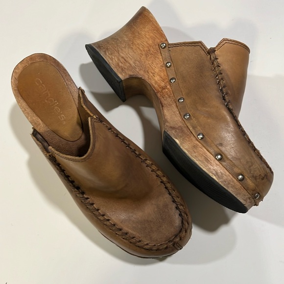 Candies - 9, block wooden heel, leather slip on clogs, 90s - Picture 1 of 12